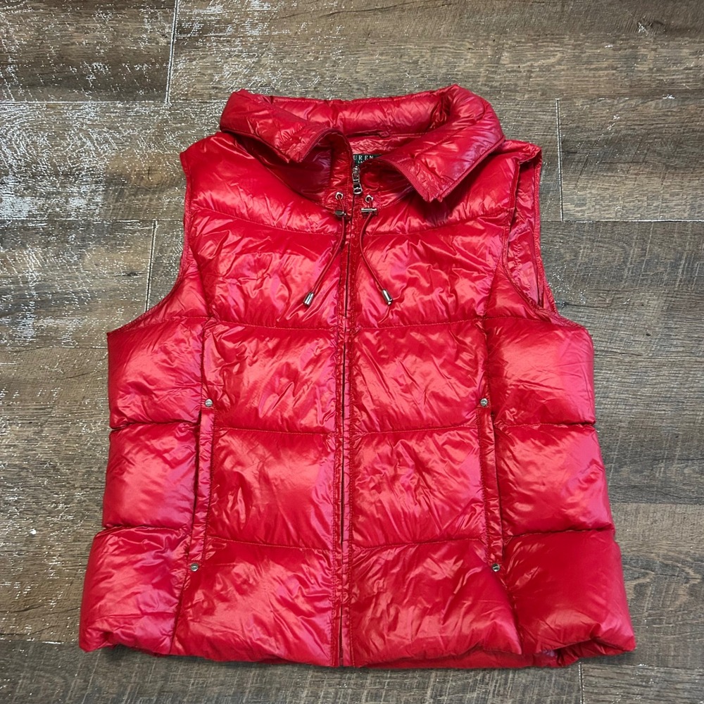 Lauren Ralph Lauren Red‎ Shiny Down Puffer Vest Women Large Quilted Full Zip